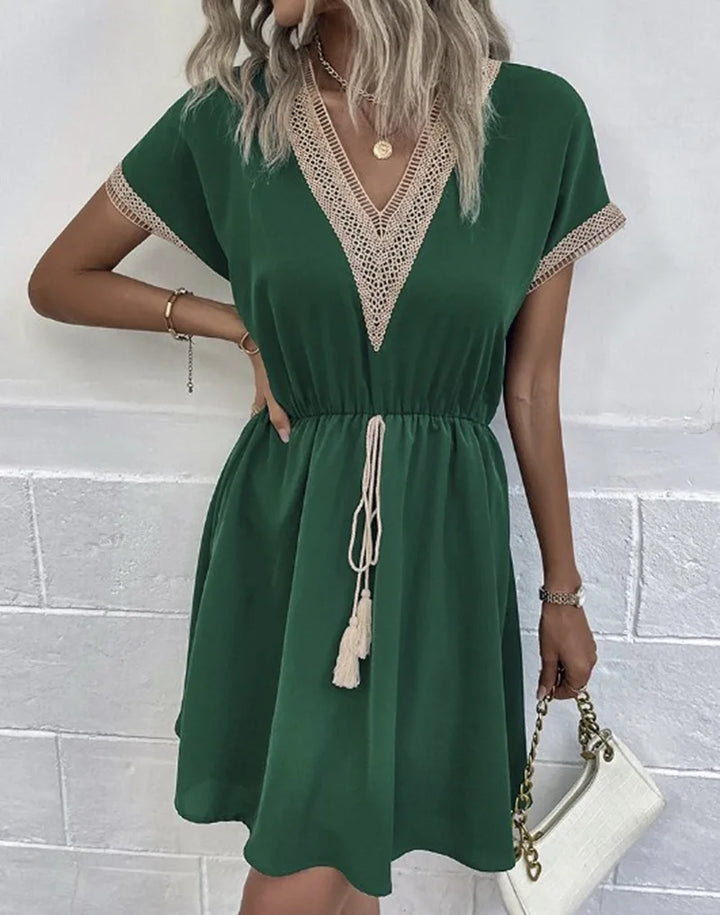 Duttini | Sophisticated V Neck Boho Flowy Draped Dress Casual