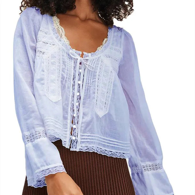Duttini | Lace Trim Tie-Front Blouse for Women
