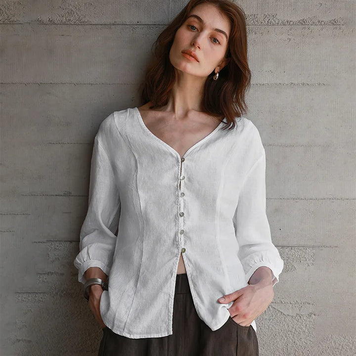 Duttini | Fitted V-Neck Linen Blouse for Women