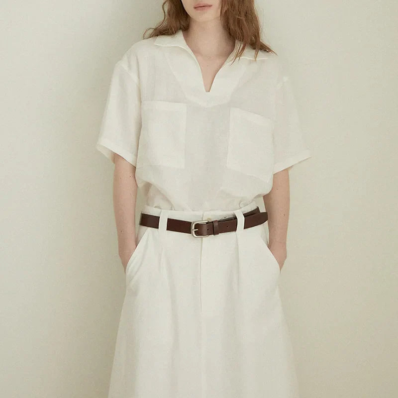 Duttini | Linen Polo Top for Women in Easy Fit, White