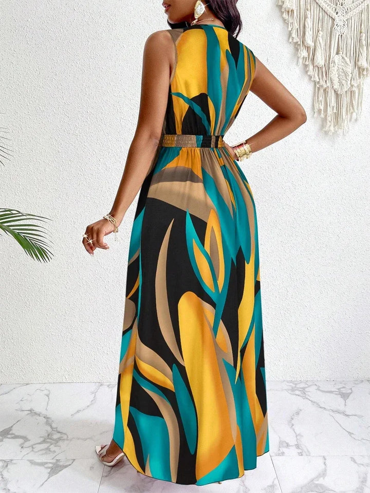 Duttini | Sculpted V-Neck Sleeveless Abstract Print Maxi Dress