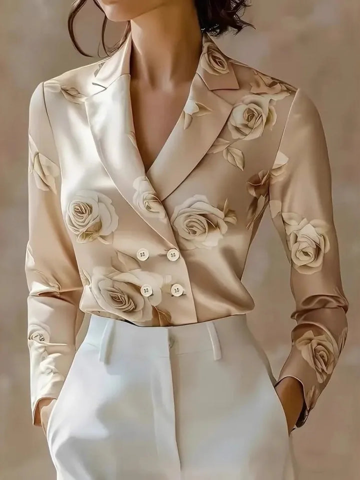 Duttini | Flowing Tailored Satin Double-Breasted Blouse With Notched Lapels And Floral Print