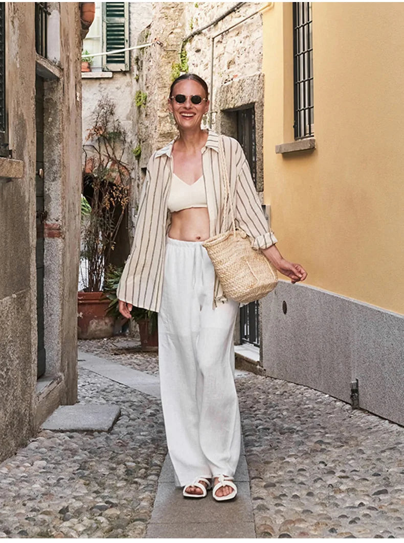 Duttini | Wide Leg Linen Pant for Women in Beige