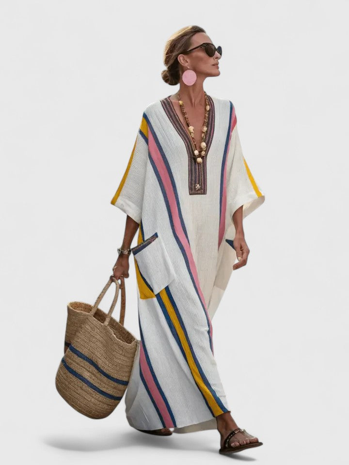 Duttini | Graceful V-Neck Kaftan Maxi Dress With Stripe Detail
