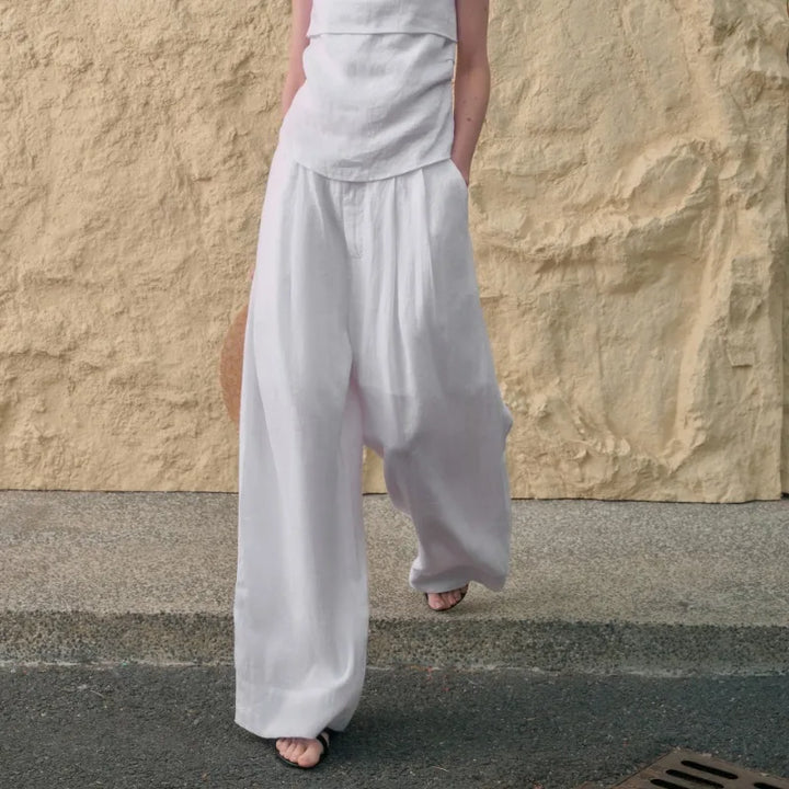 Duttini | Pleated Wide Leg Linen Pant for Women in Natural