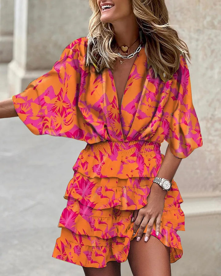 Duttini | Chic Printed Ruffle Mini Dress V-Neck Smocked Waist Boho Dress