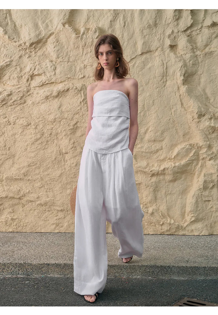 Duttini | Pleated Wide Leg Linen Pant for Women in Natural