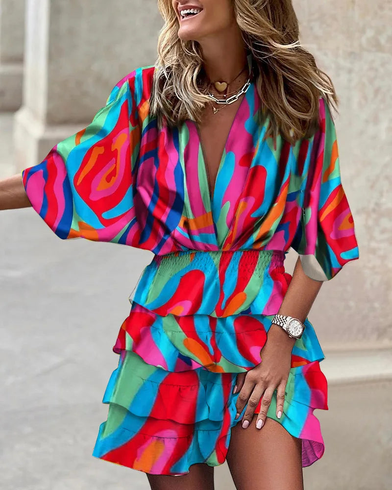 Duttini | Chic Printed Ruffle Mini Dress V-Neck Smocked Waist Boho Dress