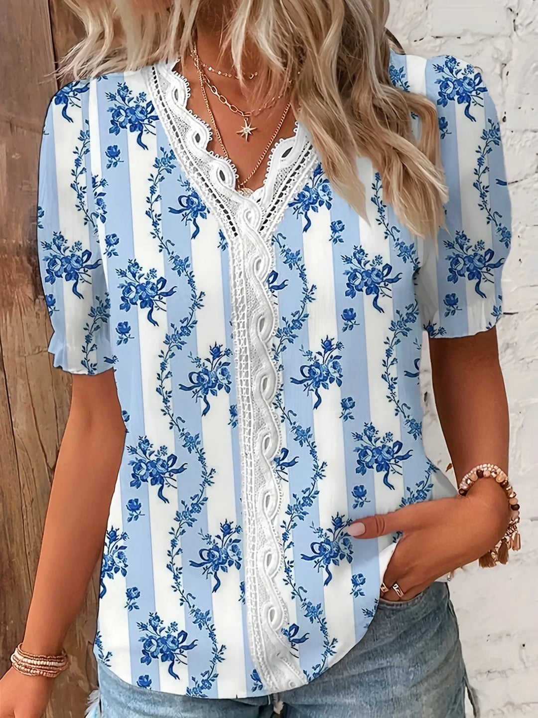 Duttini | Graceful Floral Lace V-Neck Blouse in a Flattering Cut