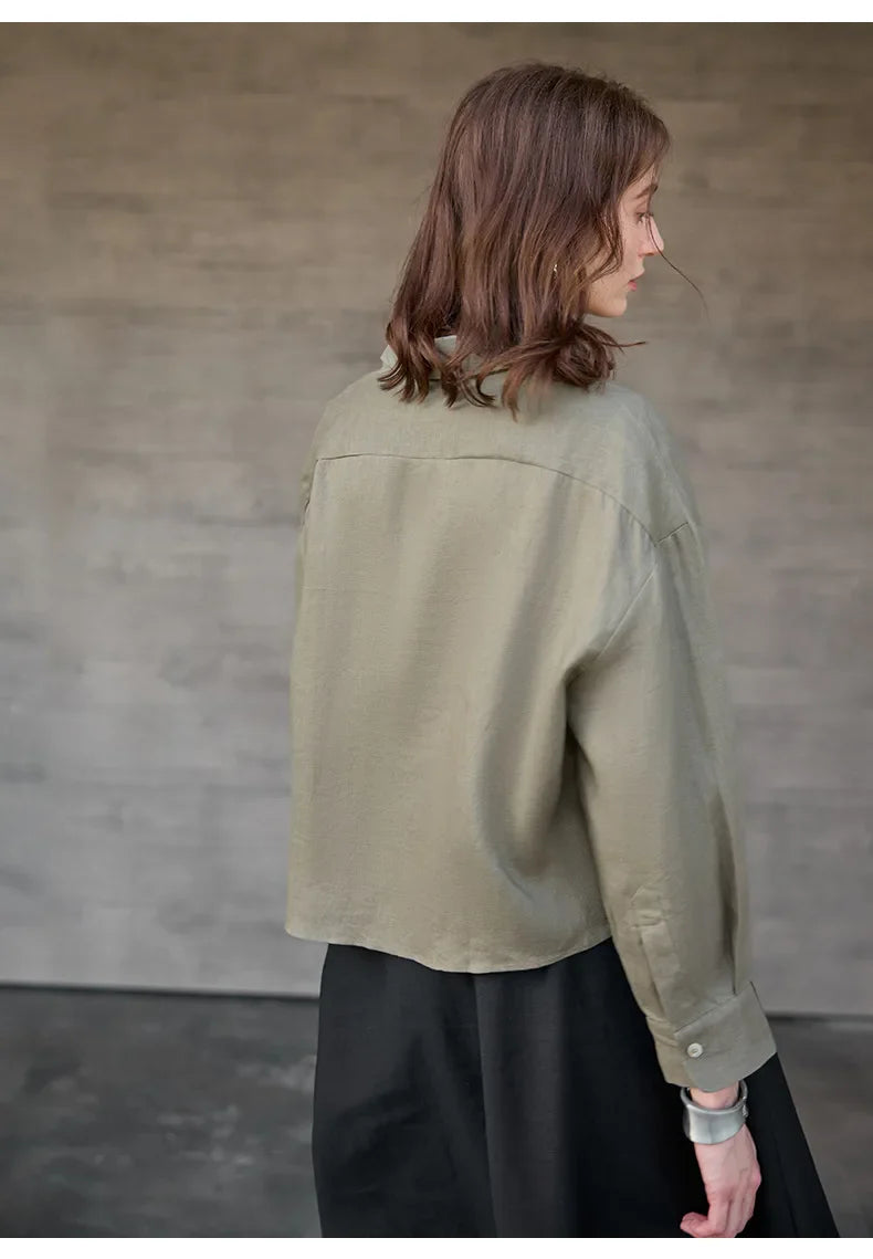 Duttini | Cropped Long Sleeve Linen Shirt for Women in White