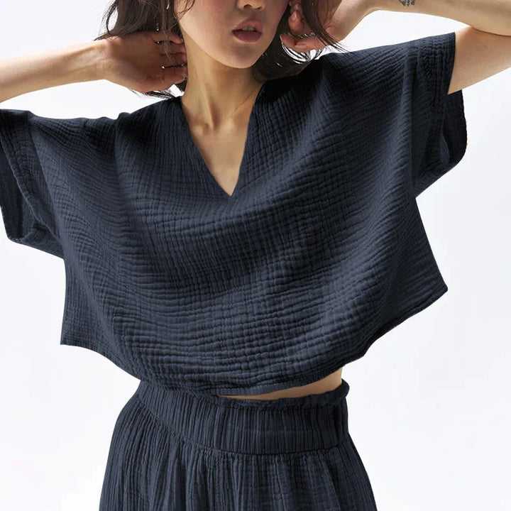 Duttini | V-Neck Crop Tee for Women in Gauze Fabric