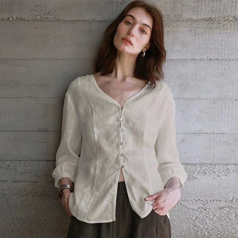 Duttini | Fitted V-Neck Linen Blouse for Women