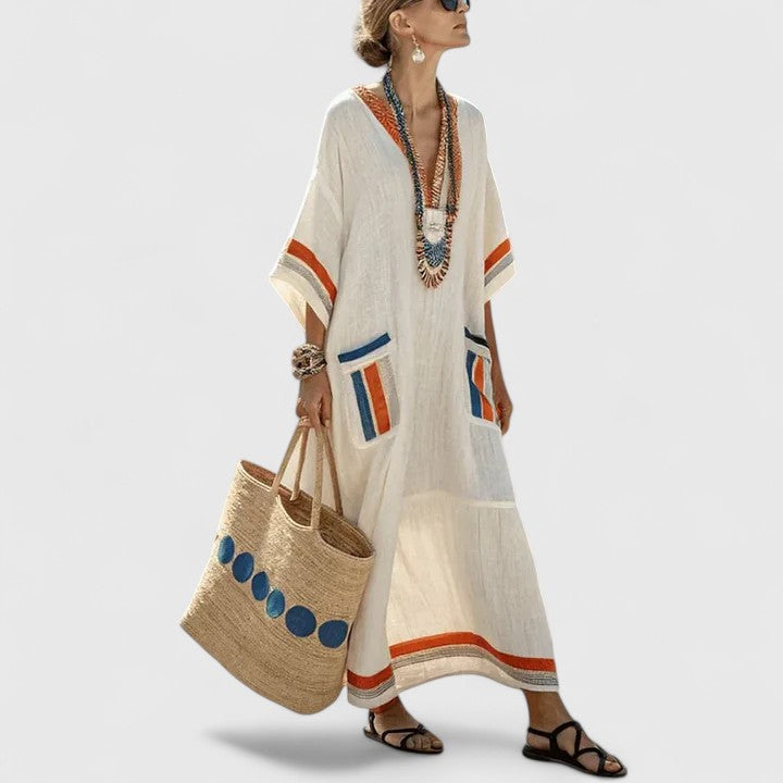 Duttini | Elegant V-Neck Striped Linen Maxi Dress With Pockets