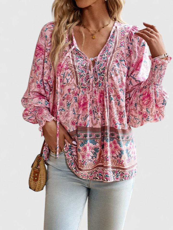 Duttini | Graceful Floral Boho Blouse V-Neck Puff Sleeve Top