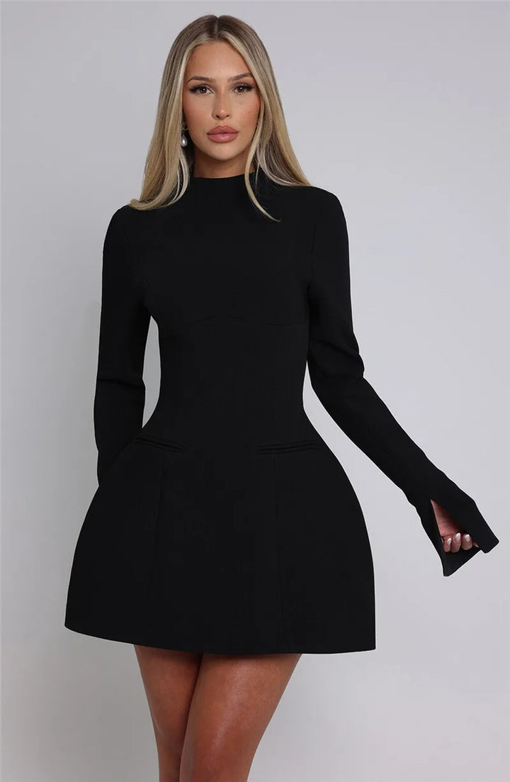Duttini | White High Neck Long Sleeve Mini Dress
