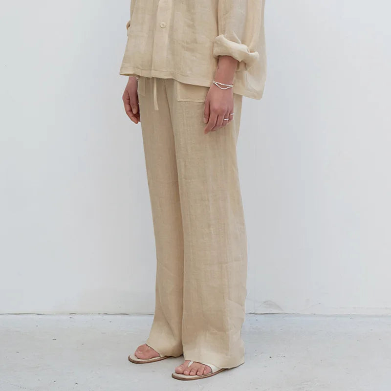 Duttini | Linen Drawstring Straight Pants for Women in Beige