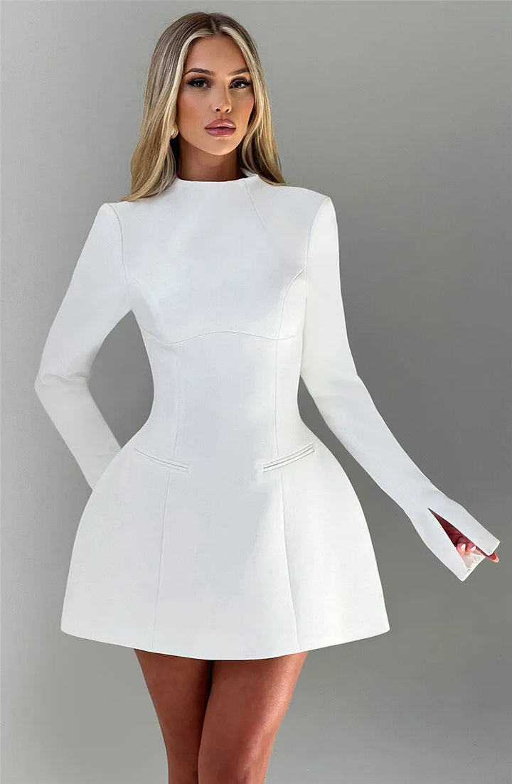 Duttini | White High Neck Long Sleeve Mini Dress