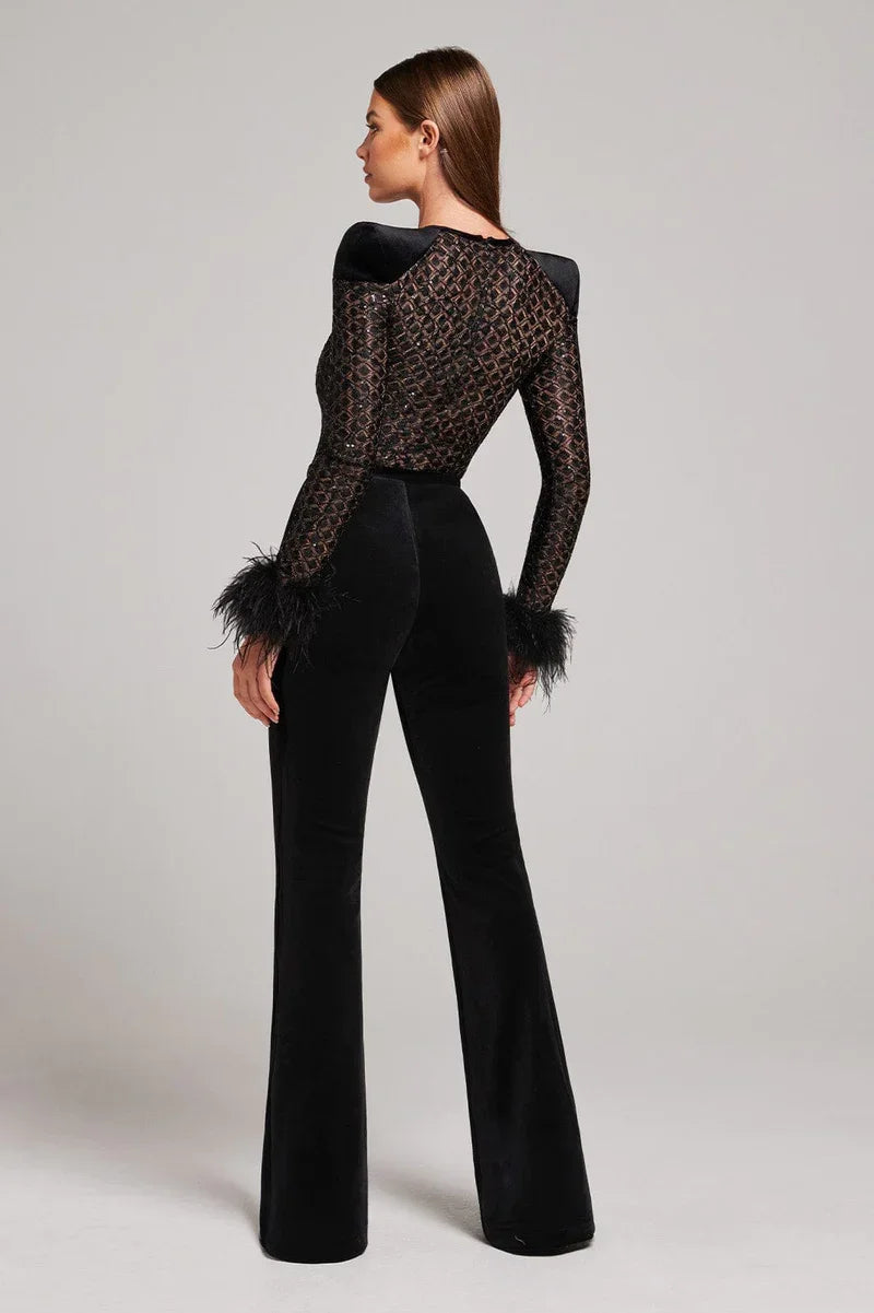 Duttini | Velvet Flared Jumpsuit with Feather Cuffs and Sheer Bodice