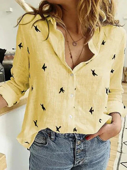 Duttini | Elegant Button-Down Shirt Long Sleeve Bird Print Blouse