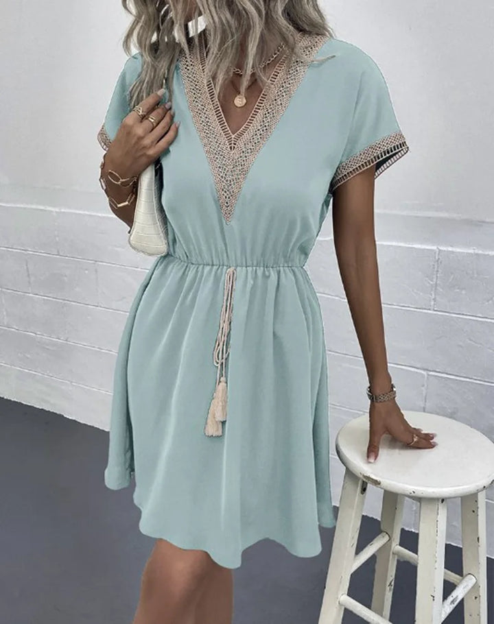 Duttini | Sophisticated V Neck Boho Flowy Draped Dress Casual