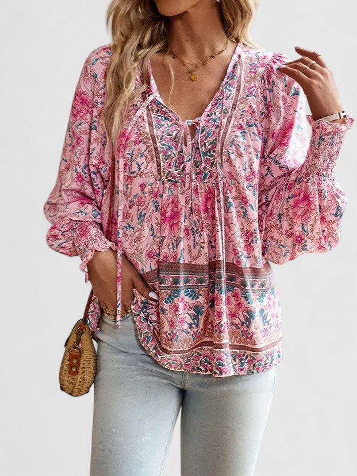 Duttini | Graceful Floral Boho Blouse V-Neck Puff Sleeve Top