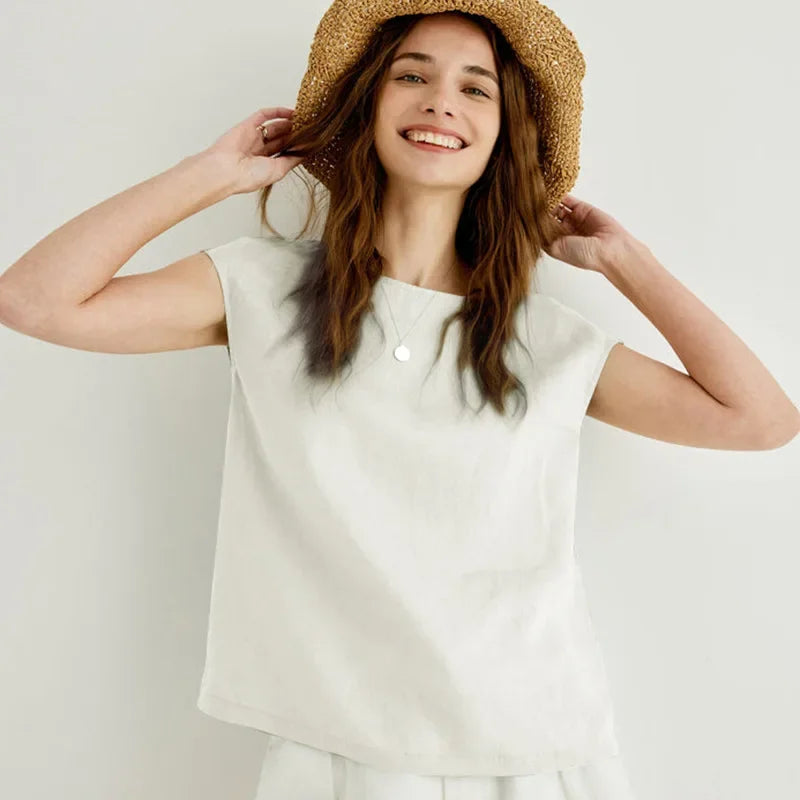 Duttini | Linen Tee for Women with Petal Sleeves in White