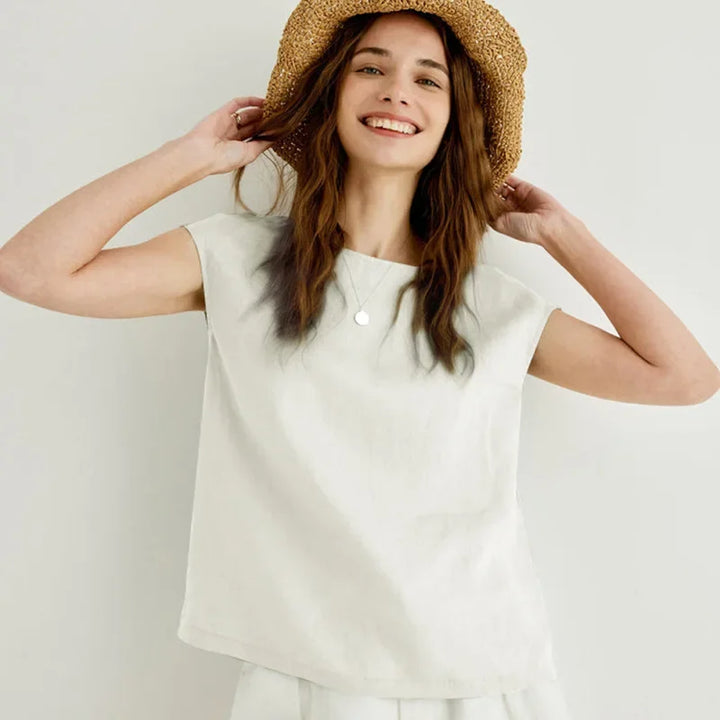 Duttini | Linen Tee for Women with Petal Sleeves in White