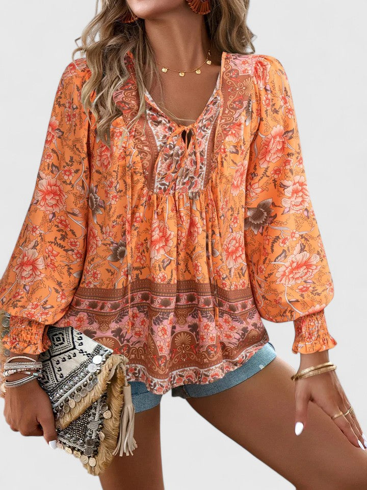 Duttini | Graceful Floral Boho Blouse V-Neck Puff Sleeve Top