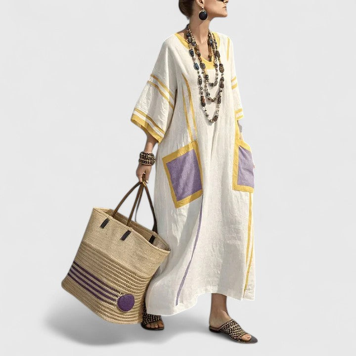 Duttini | Elegant V-Neck Striped Linen Maxi Dress With Pockets