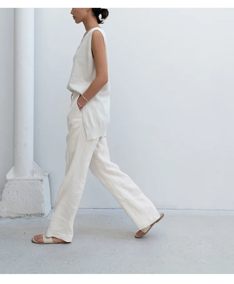Duttini | Linen Drawstring Straight Pants for Women in Beige