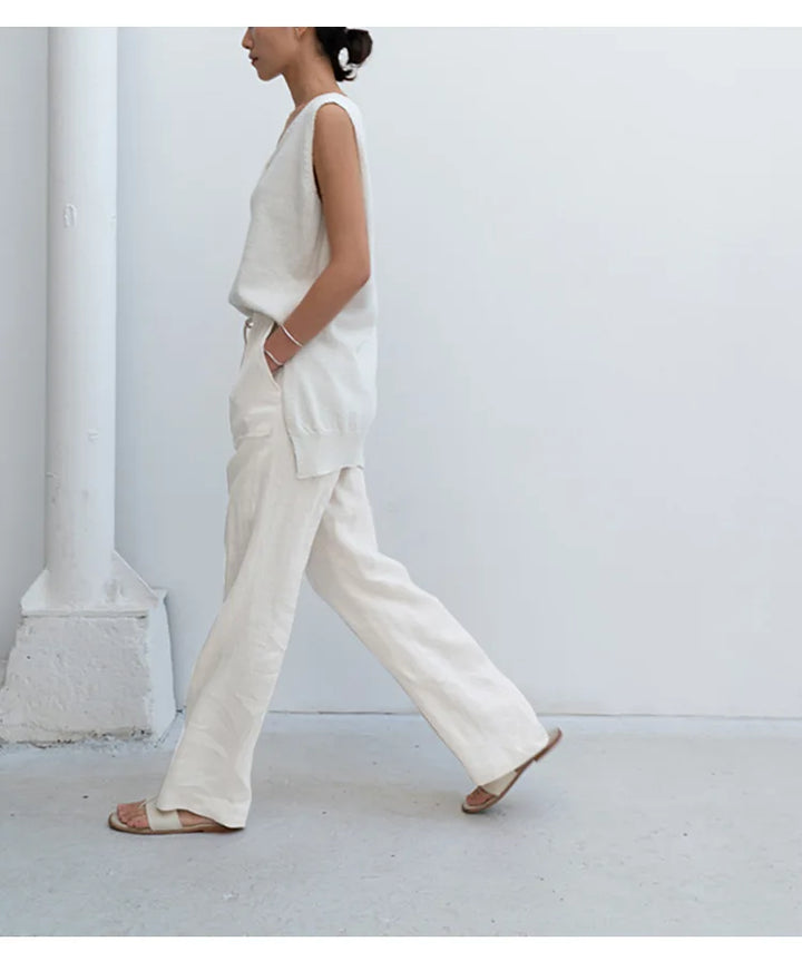 Duttini | Linen Drawstring Straight Pants for Women in Beige