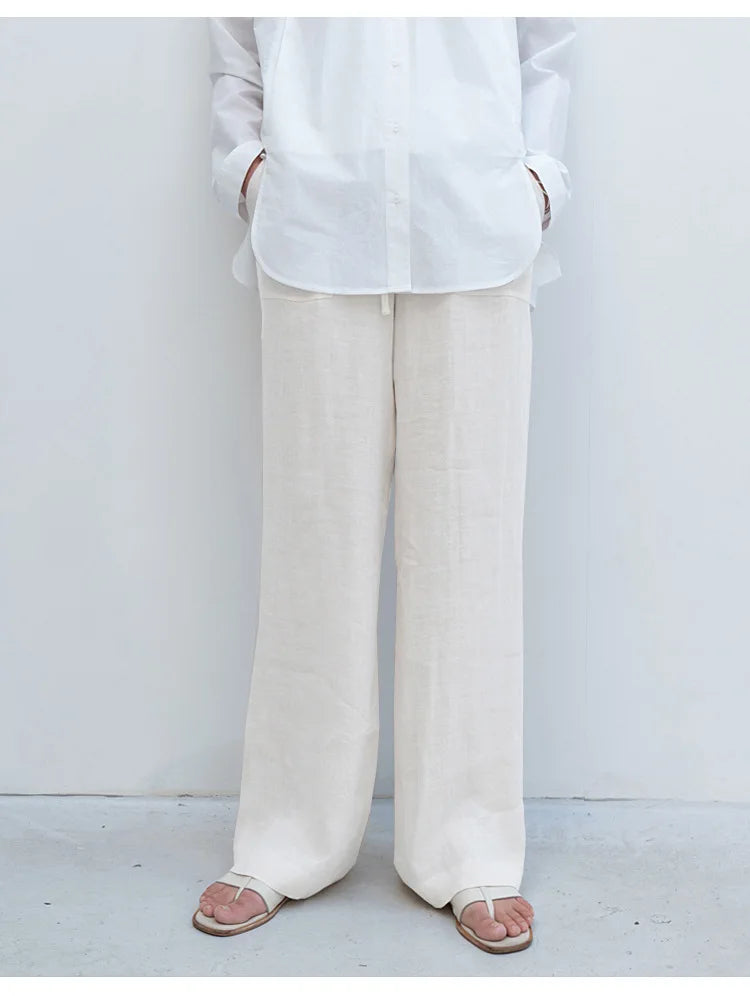Duttini | Linen Drawstring Straight Pants for Women in Beige