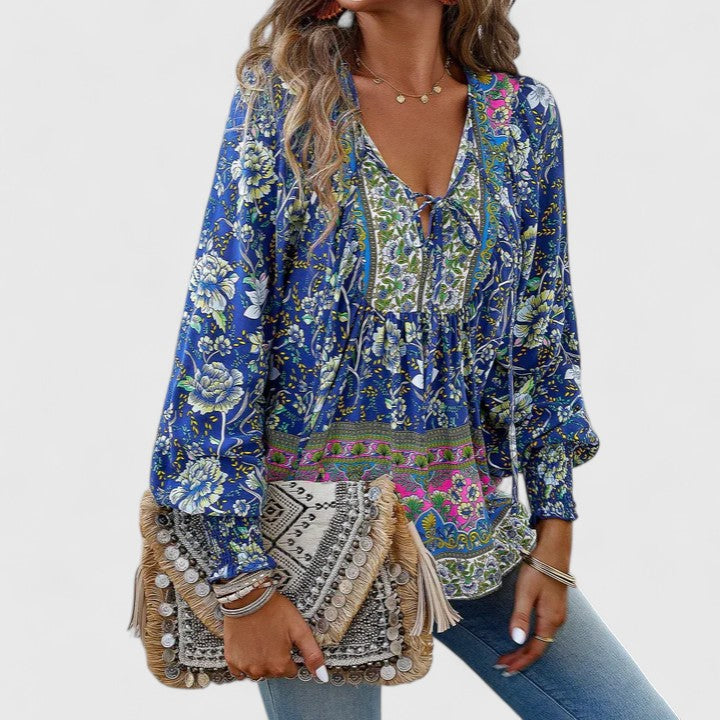 Duttini | Graceful Floral Boho Blouse V-Neck Puff Sleeve Top