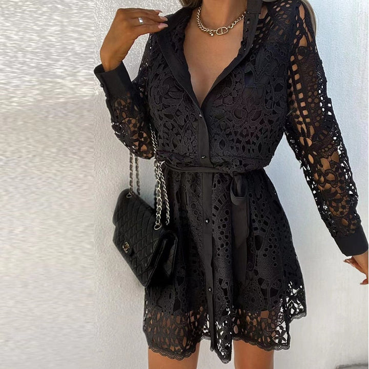 Duttini | Flowing Lace Mini Dress Long Sleeve V-Neck Belted