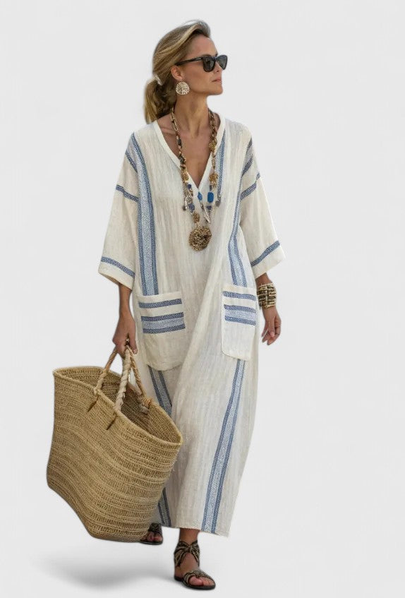 Duttini | Graceful V-Neck Kaftan Maxi Dress With Stripe Detail
