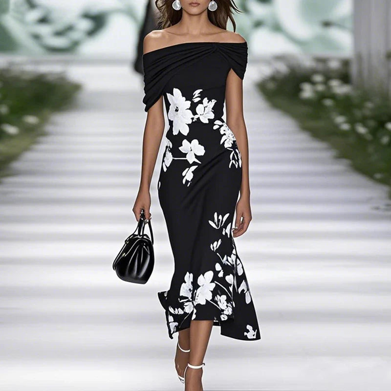 Duttini | Romantic Fitted Off-Shoulder Mermaid Midi Dress With Draped Neckline And Floral Pattern