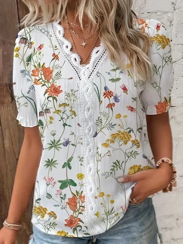 Duttini | Graceful Floral Lace V-Neck Blouse in a Flattering Cut