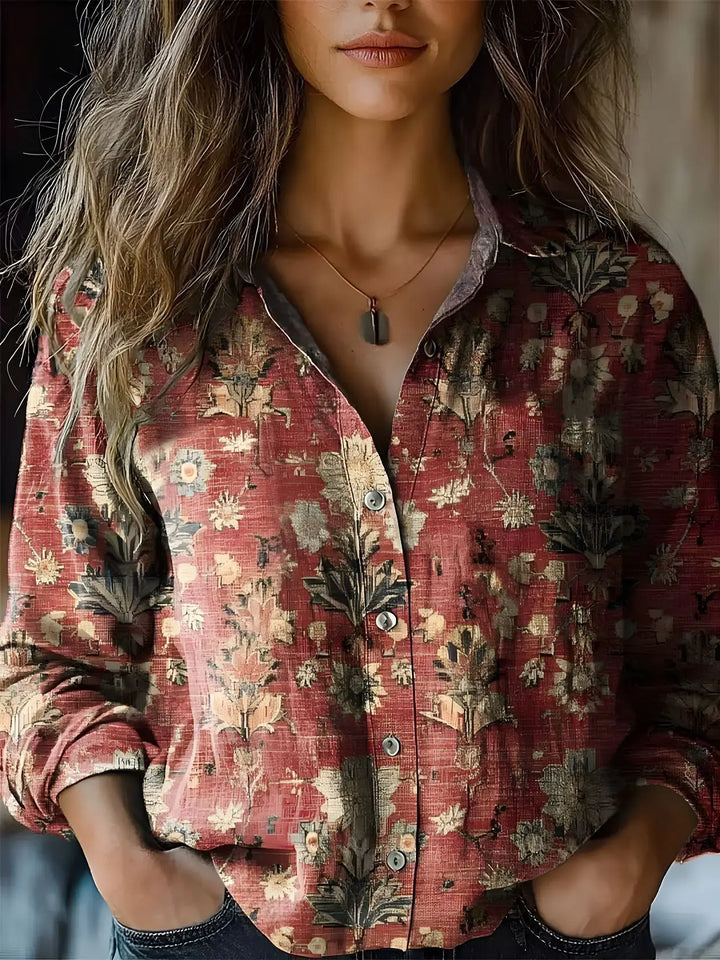 Duttini | Vintage Floral Print Long Sleeve Button-Down Shirt