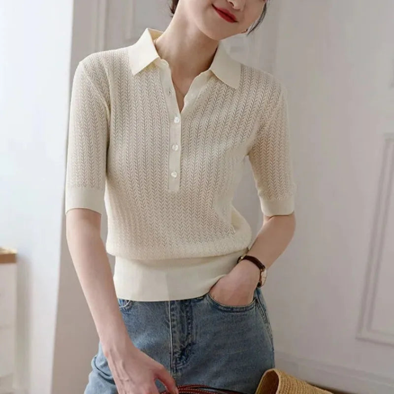 Duttini | Ribbed Knit Polo Blouse for Women in Classic Color