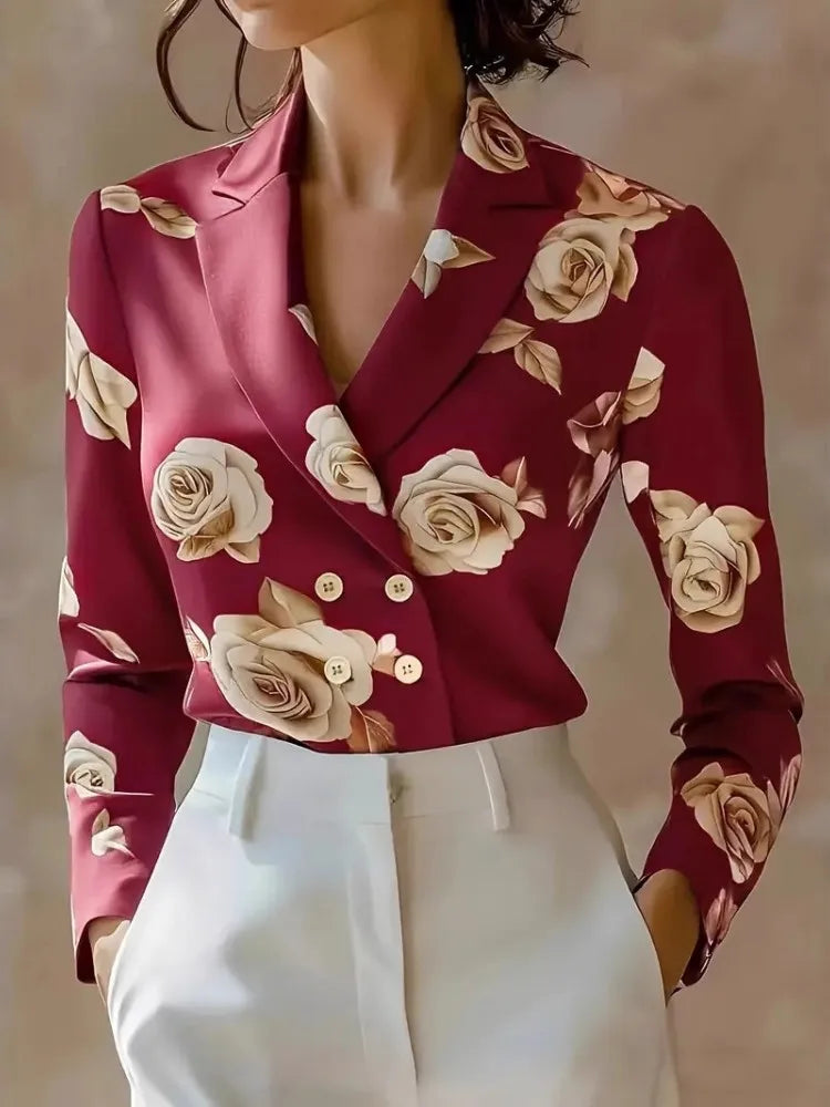 Duttini | Flowing Tailored Satin Double-Breasted Blouse With Notched Lapels And Floral Print