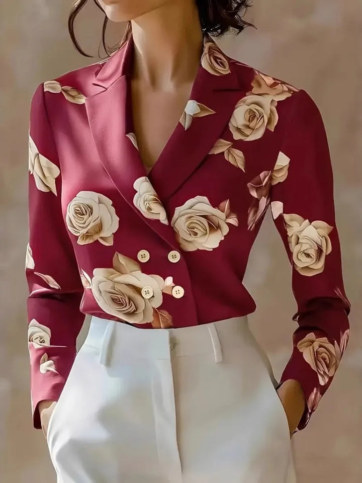 Duttini | Flowing Tailored Satin Double-Breasted Blouse With Notched Lapels And Floral Print
