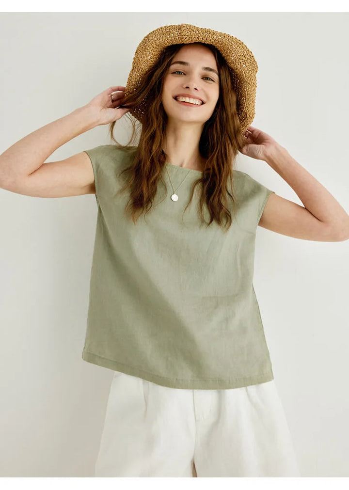 Duttini | Linen Tee for Women with Petal Sleeves in White