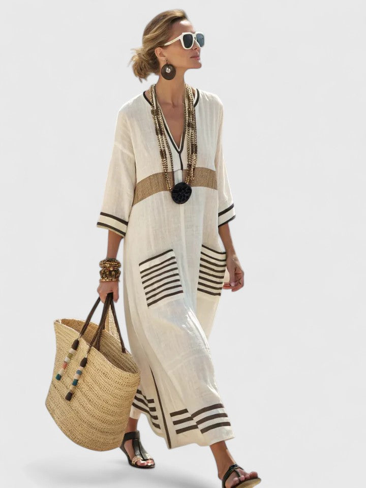 Duttini | Graceful V-Neck Kaftan Maxi Dress With Stripe Detail