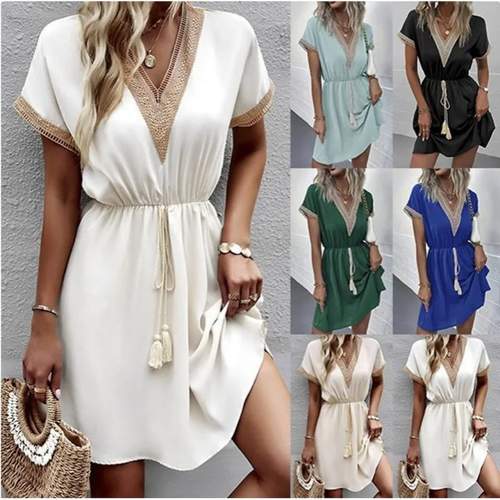 Duttini | Sophisticated V Neck Boho Flowy Draped Dress Casual