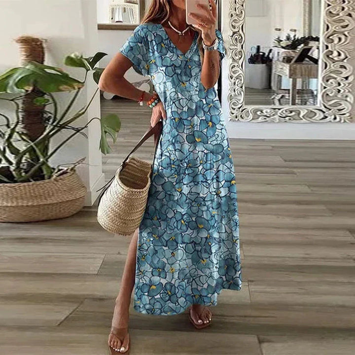 Duttini | Boho Print Maxi Dress V-Neck Short Sleeve Split