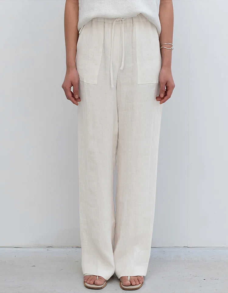 Duttini | Linen Drawstring Straight Pants for Women in Beige