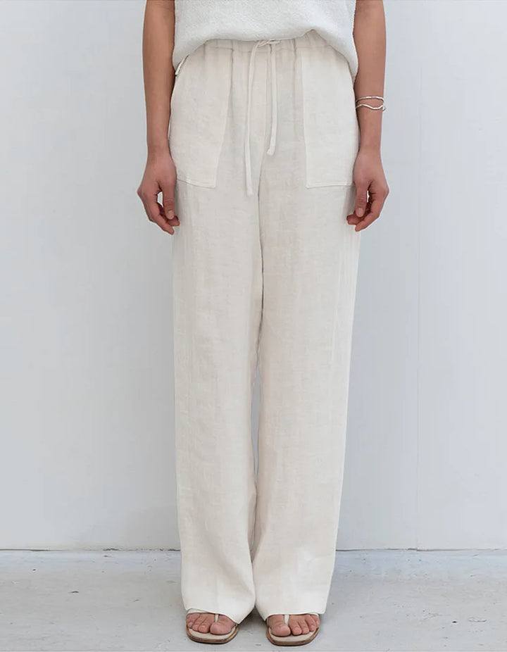 Duttini | Linen Drawstring Straight Pants for Women in Beige