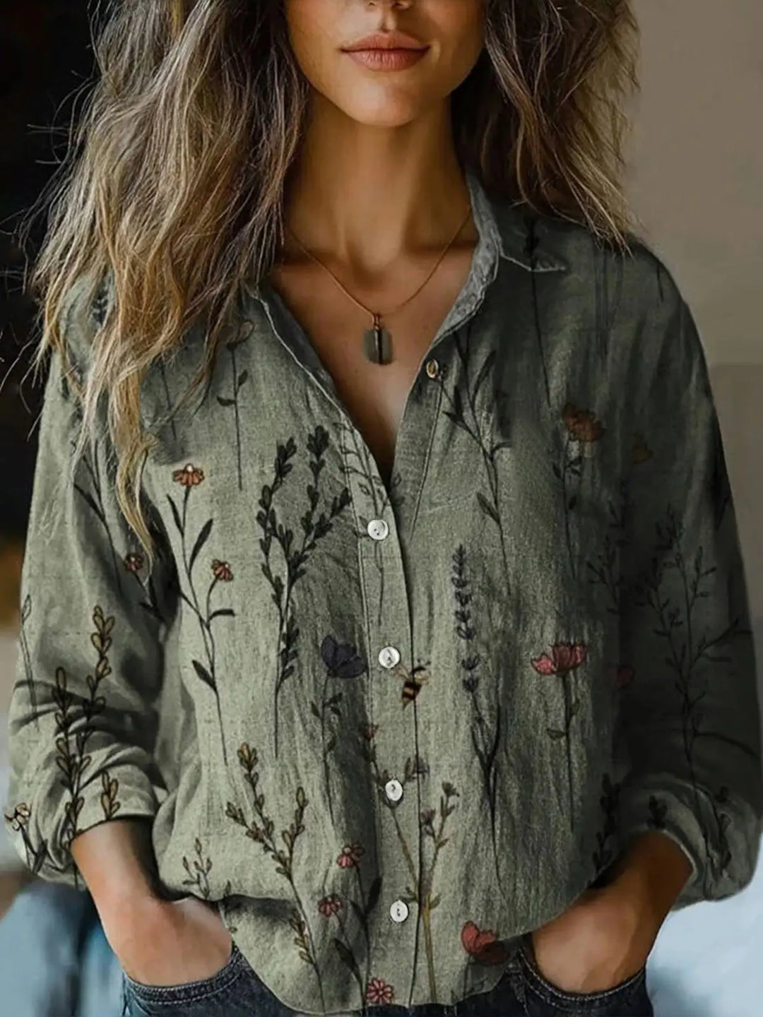 Duttini | Vintage Floral Print Long Sleeve Button-Down Shirt
