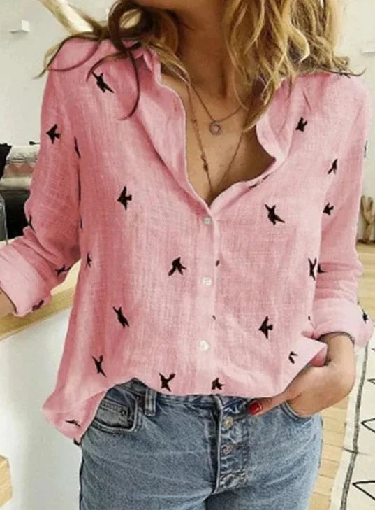 Duttini | Elegant Button-Down Shirt Long Sleeve Bird Print Blouse