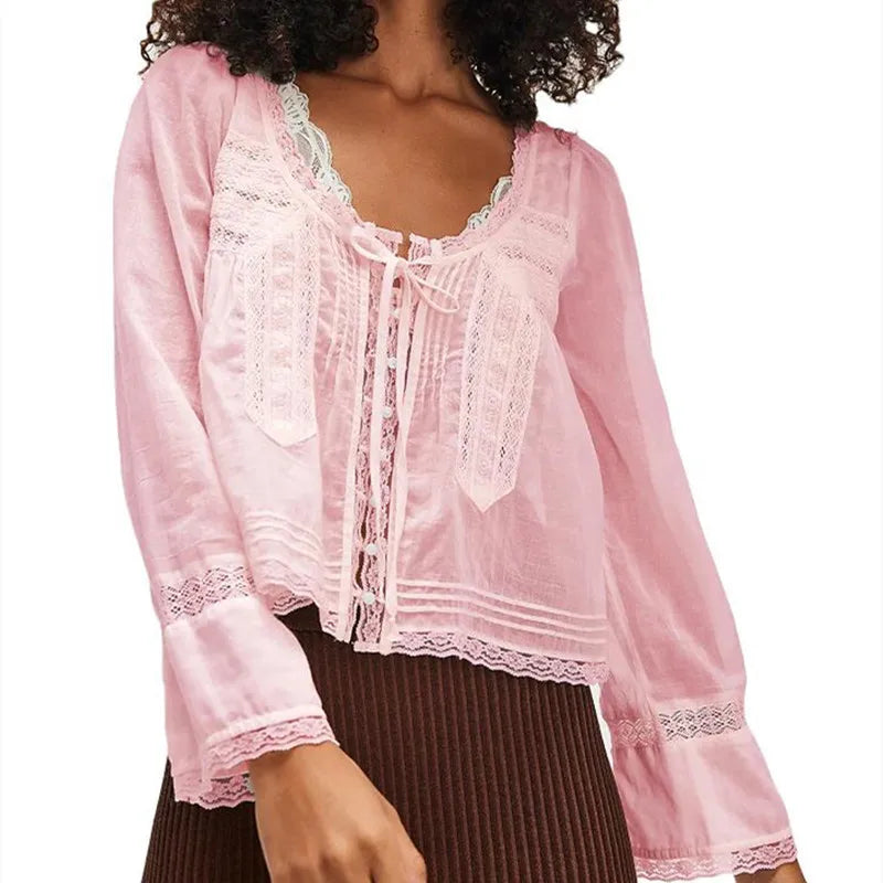 Duttini | Lace Trim Tie-Front Blouse for Women